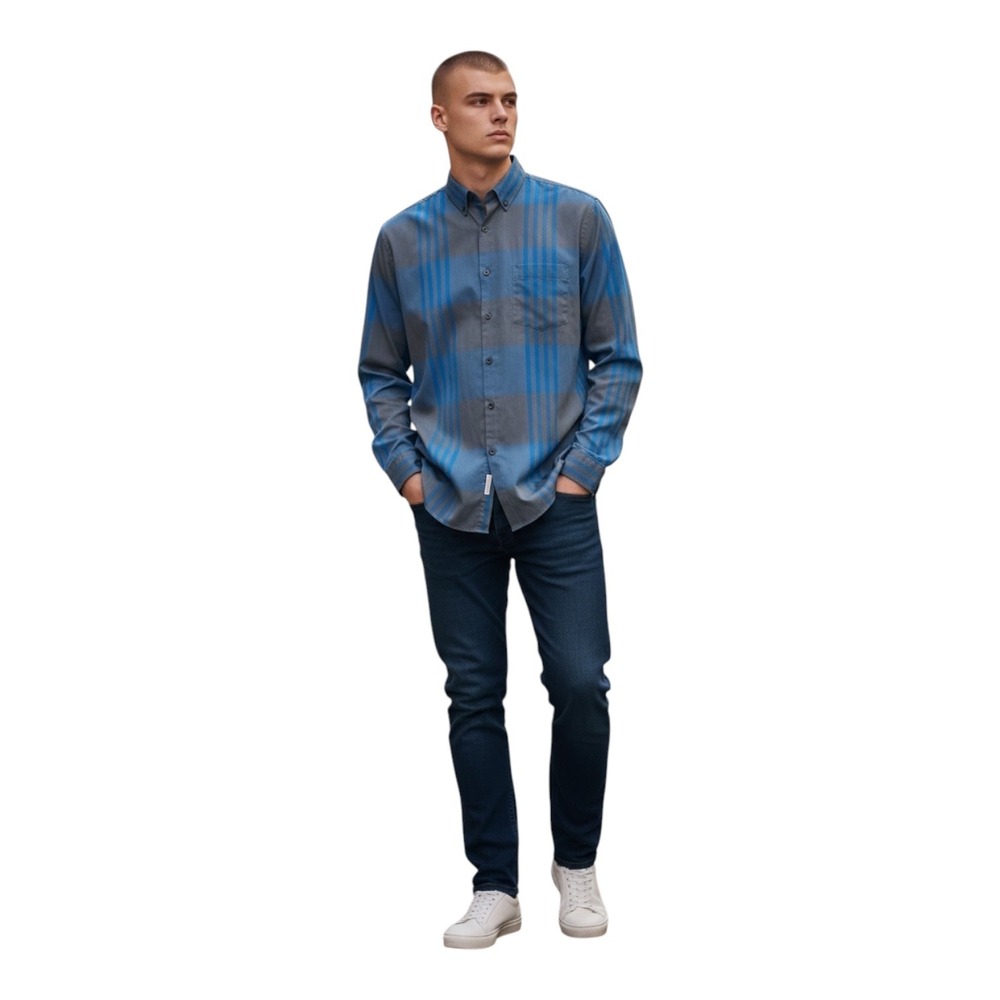 J. Todd Mens Plaid Button Down Shirt Blue Grey Long Sleeve Collared Medium